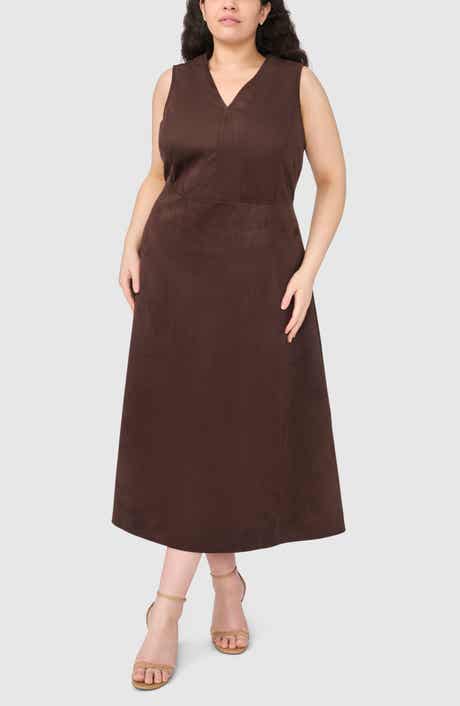 V-Neck Faux Suede Midi Dress