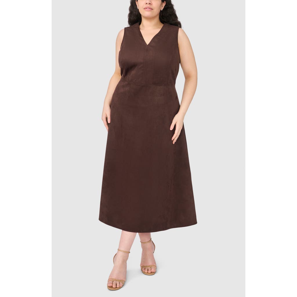 Halogenr Halogen(r) V-neck Faux Suede Midi Dress In Dark Roast