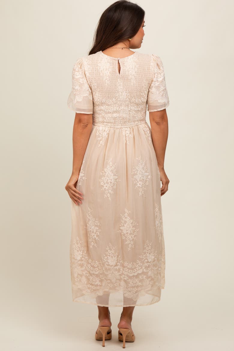 Embroidered Smocked Midi Dress, Alternate, color, Cream