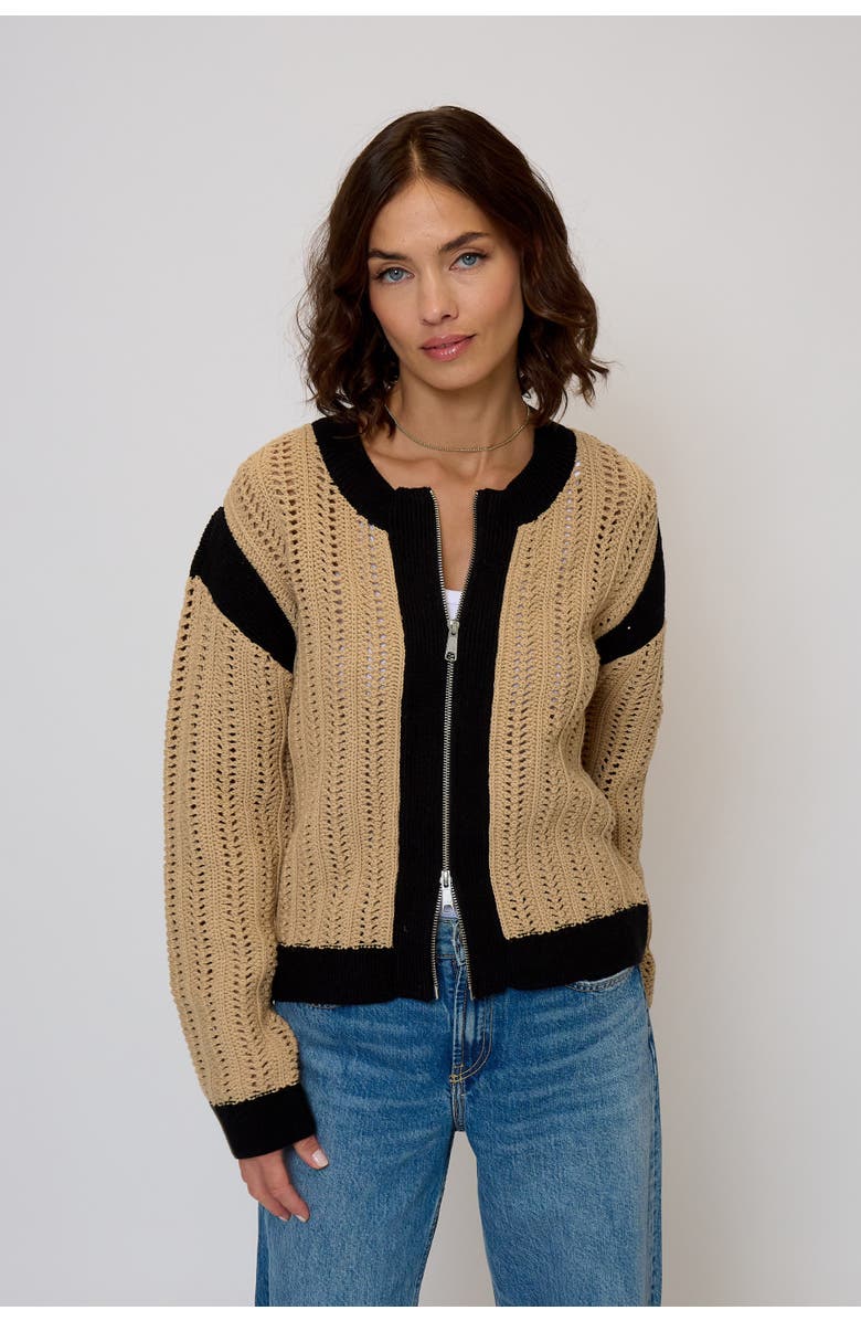 Central Park West Women's Rose Zip-up Sweater, Alternate, color, Black/Tan