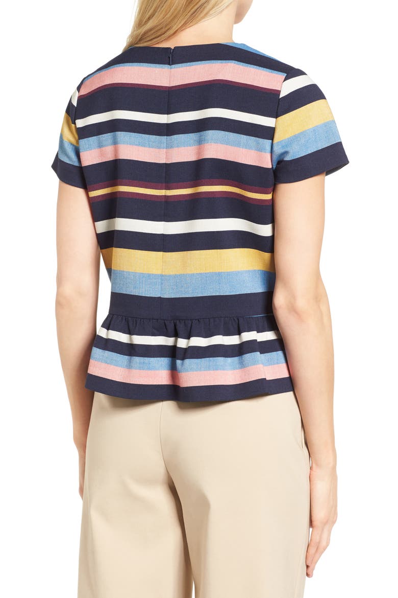 SHORT SLEEVE PEPLUM TOP, Alternate, color, NAVY- CORAL STRIPE