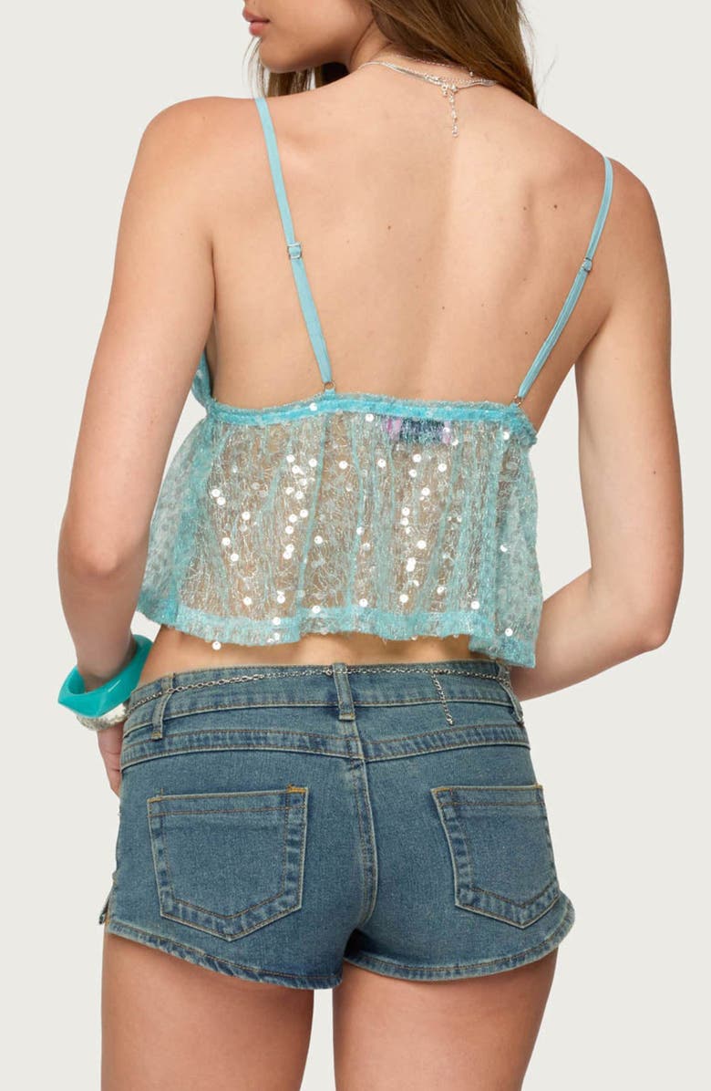 EDIKTED Sequin Sheer Crop Camisole, Alternate, color, Turquoise