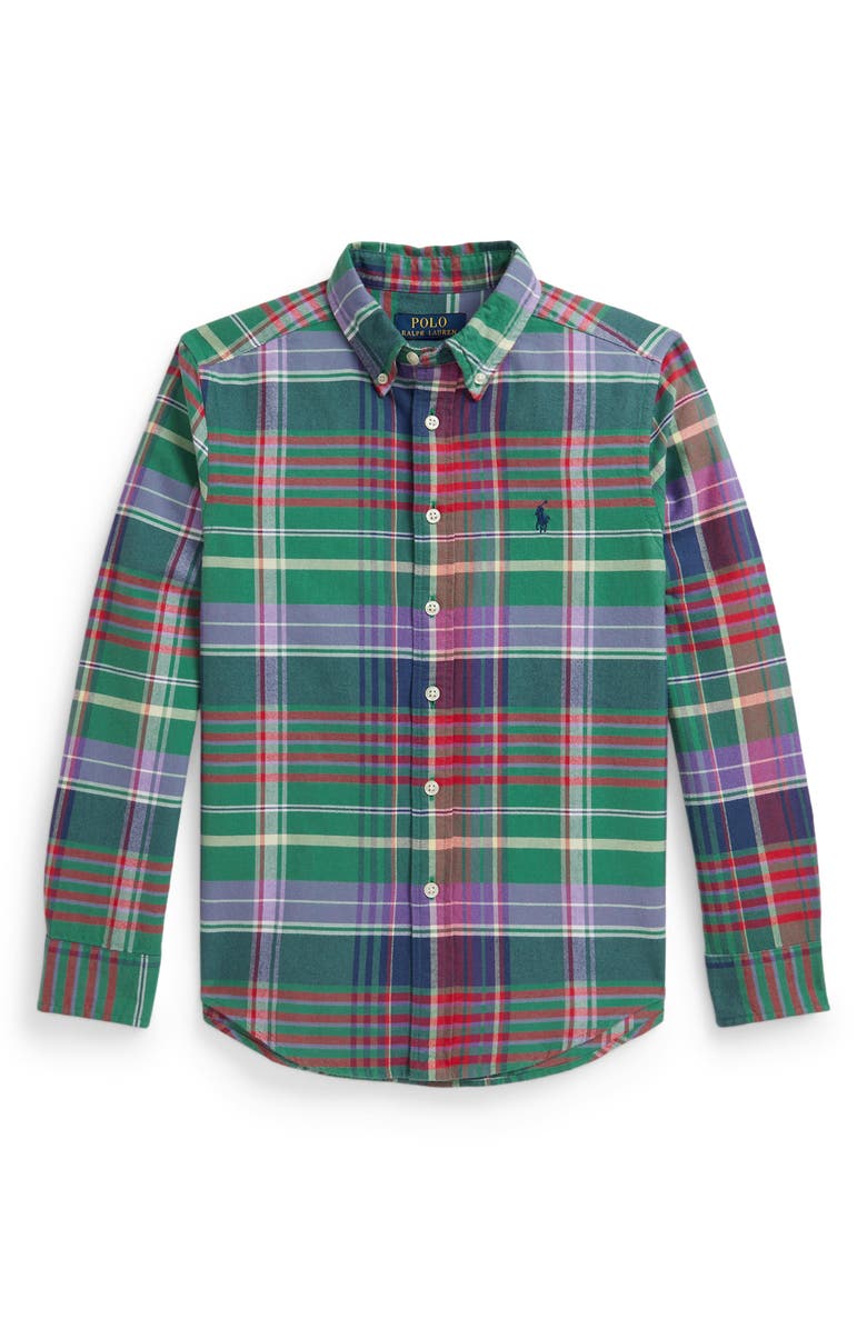 Polo Ralph Lauren Kids' Plaid Cotton Button-Down Shirt, Main, color, Green Red Multi