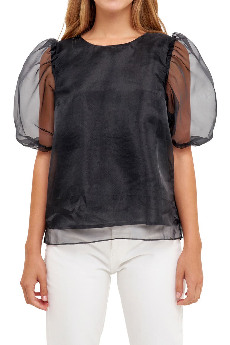 Sheer Puff Sleeve Organza Top, Alternate, color, BLACK