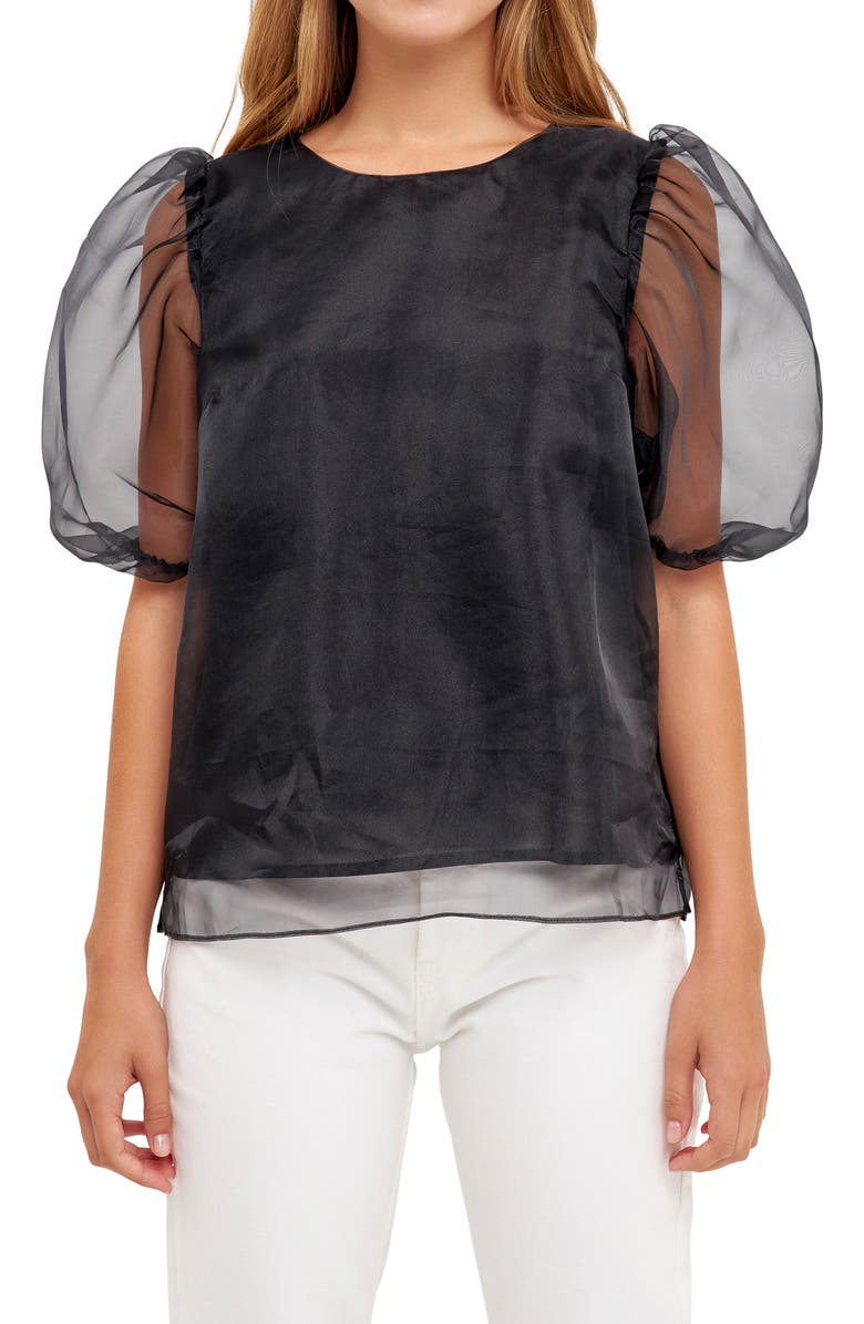 English Factory Sheer Puff Sleeve Organza Top, Alternate, color, Black