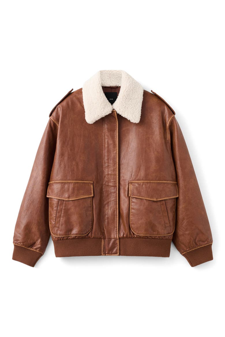 Faux Leather Jacket with Removable Faux Shearling Collar, Alternate, color, BROWN