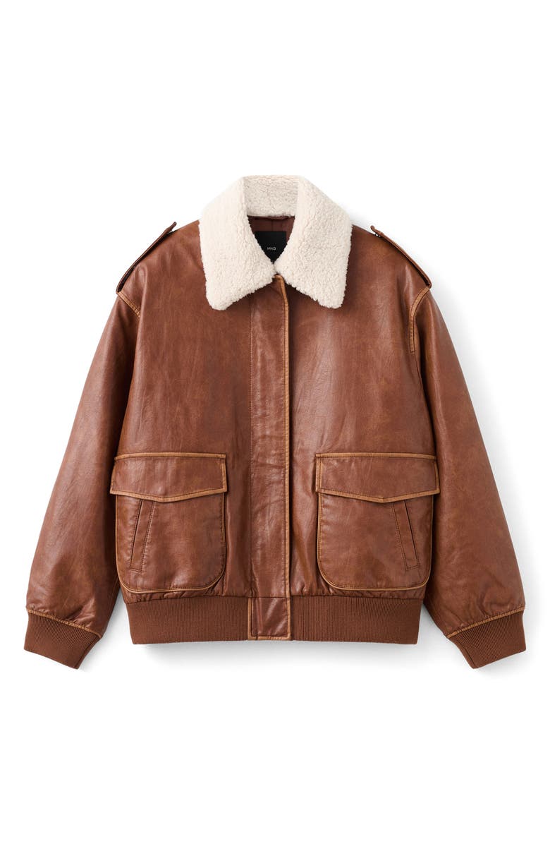MANGO Faux Leather Jacket with Removable Faux Shearling Collar, Alternate, color, Brown