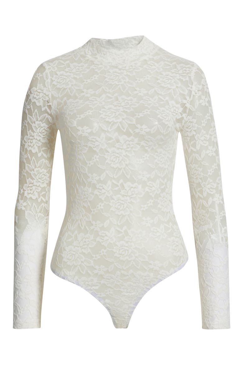Mock Neck Sheer Lace Bodysuit, Alternate, color, WHITE