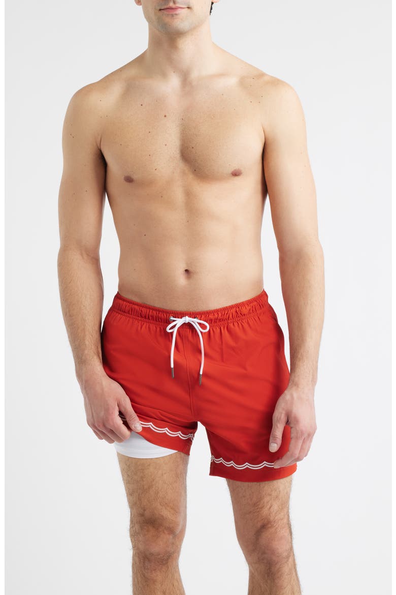 Rust Waves Embroidered Swim Trunks, Alternate, color, RED