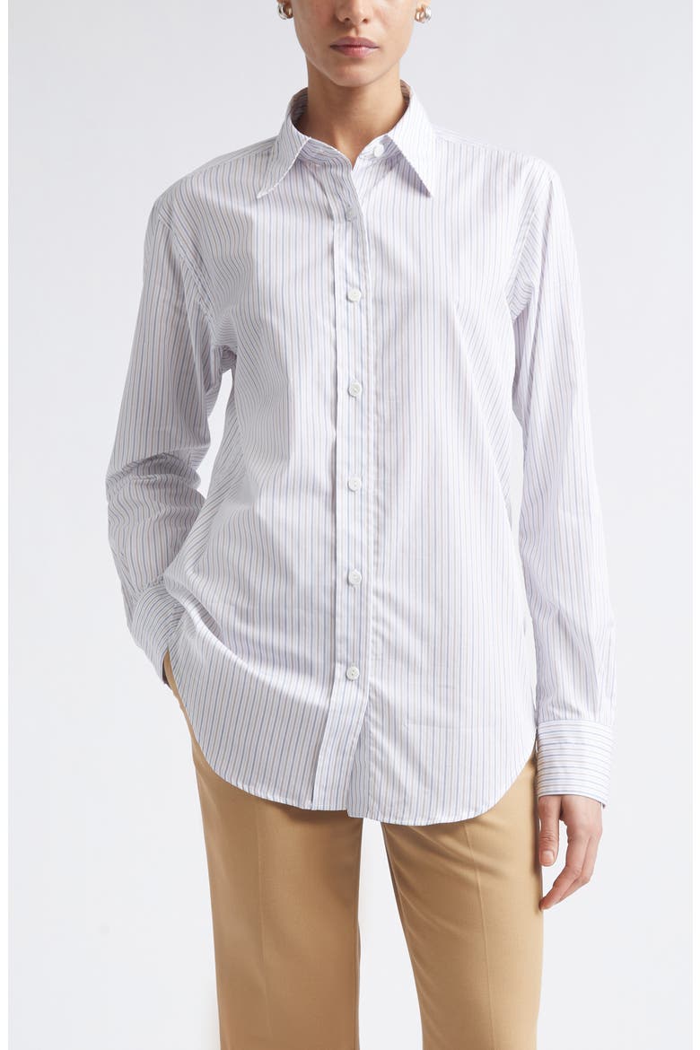Stripe Organic Cotton Button-Up Tunic Shirt, Main, color, WHITE/ BLUE/ BROWN STRIPE