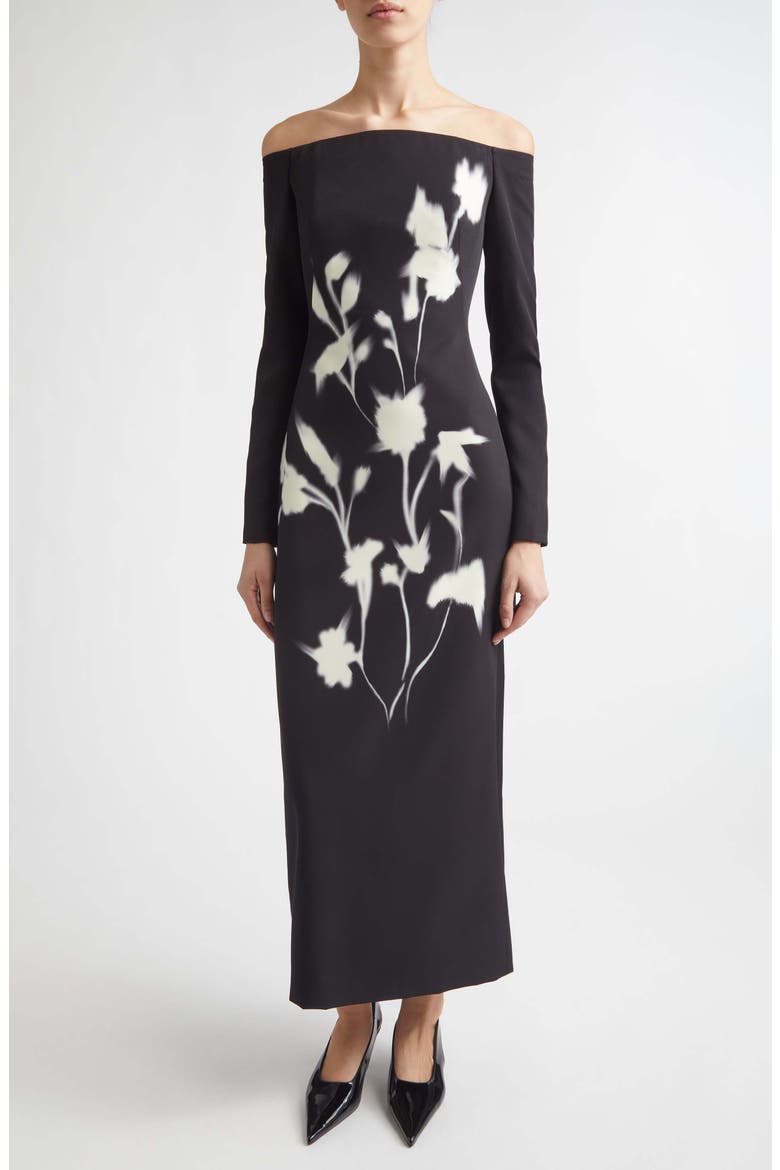 Floral Crepe Off the Shoulder Column Gown, Main, color, BLACK