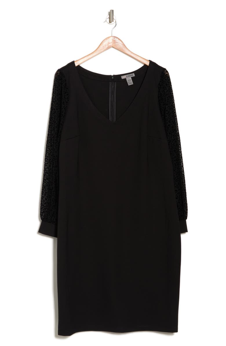 BY DESIGN Burma Flocked Long Sleeve Midi Dress, Alternate, color, Black