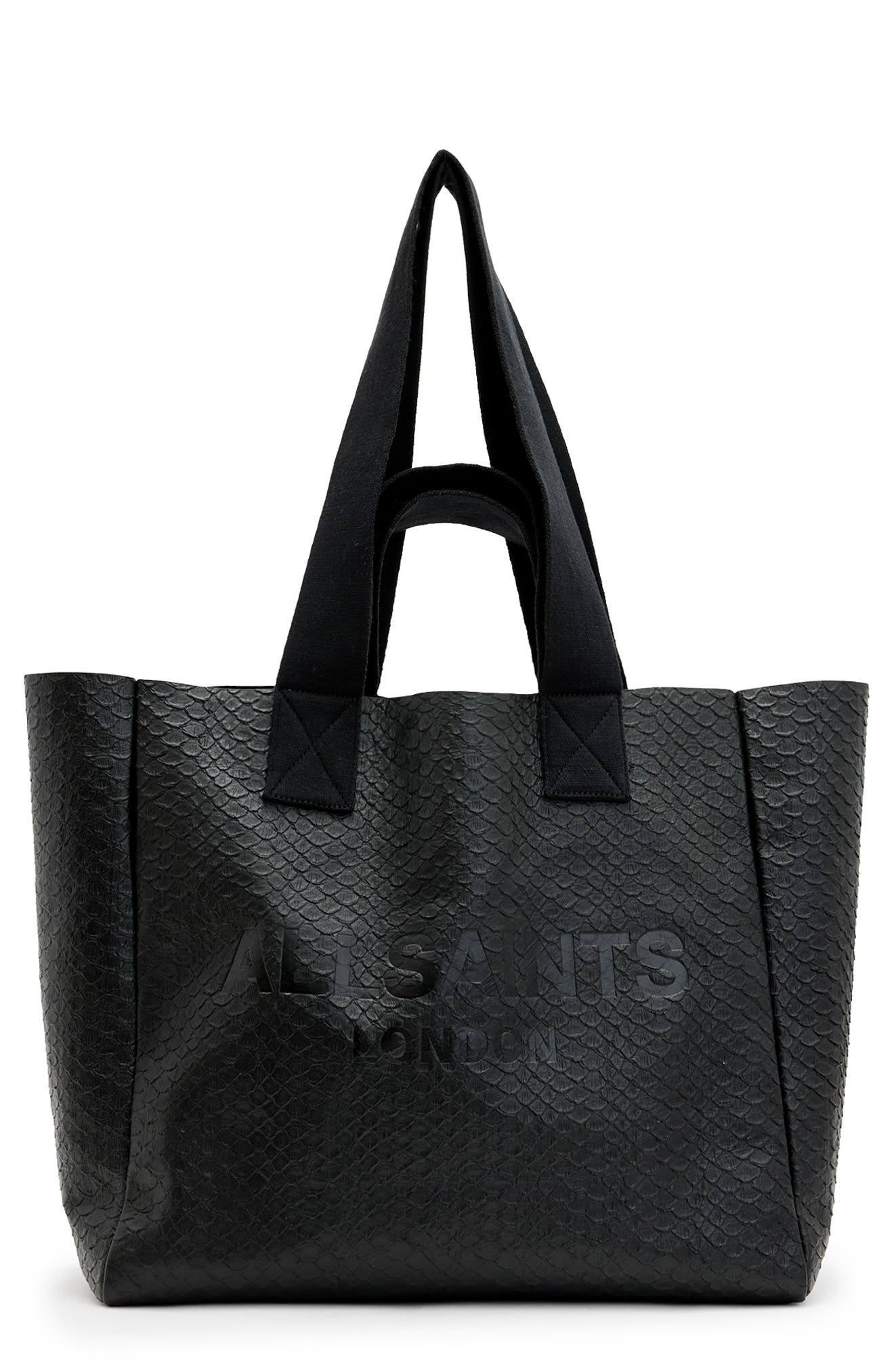 AllSaints Izzy Snakeskin Embossed Leather Tote, Main, color, 