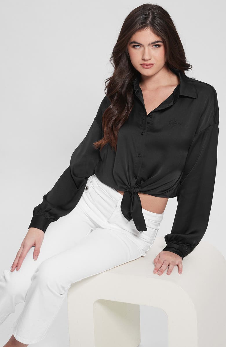 GUESS Jun Satin Tie Hem Button-Up Shirt, Alternate, color, 