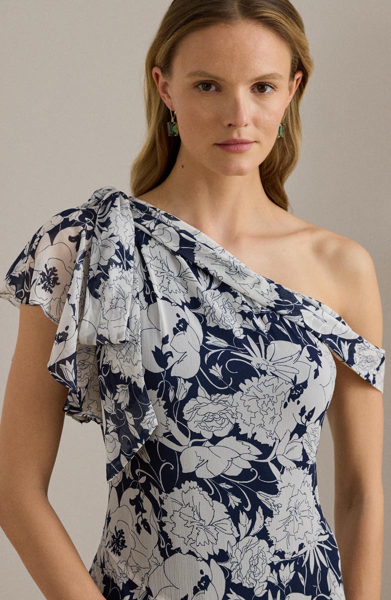 Lauren Ralph Lauren Kanerite Crinkle One-Shoulder Tiered Maxi Cocktail Dress, Alternate, color, White/ Navy