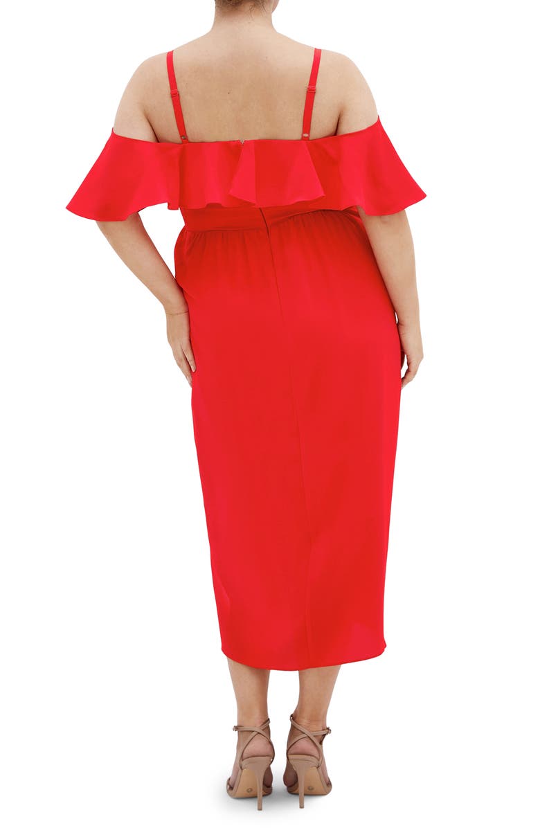 City Chic Flirtation Ruffle Off the Shoulder Cocktail Dress, Alternate, color, Tigerlily