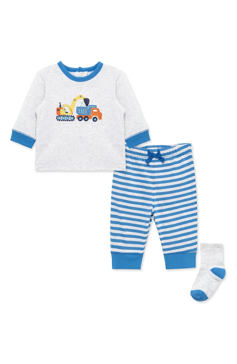 Little Me Work Zone Embroidered Shirt, Pants & Socks Set, Main, color, Blue Stripe