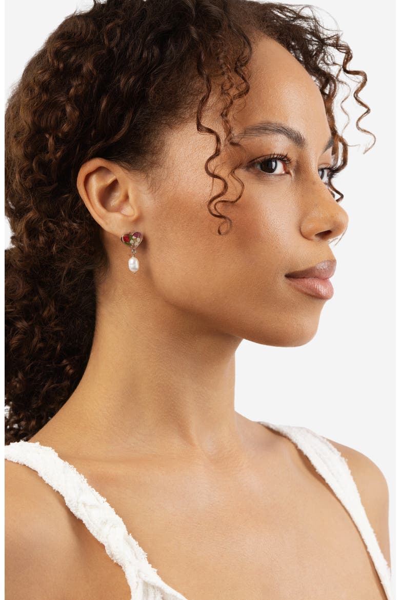 Dried Flowers & Cultured Pearl Heart Drop Earrings, Alternate, color, SILVER