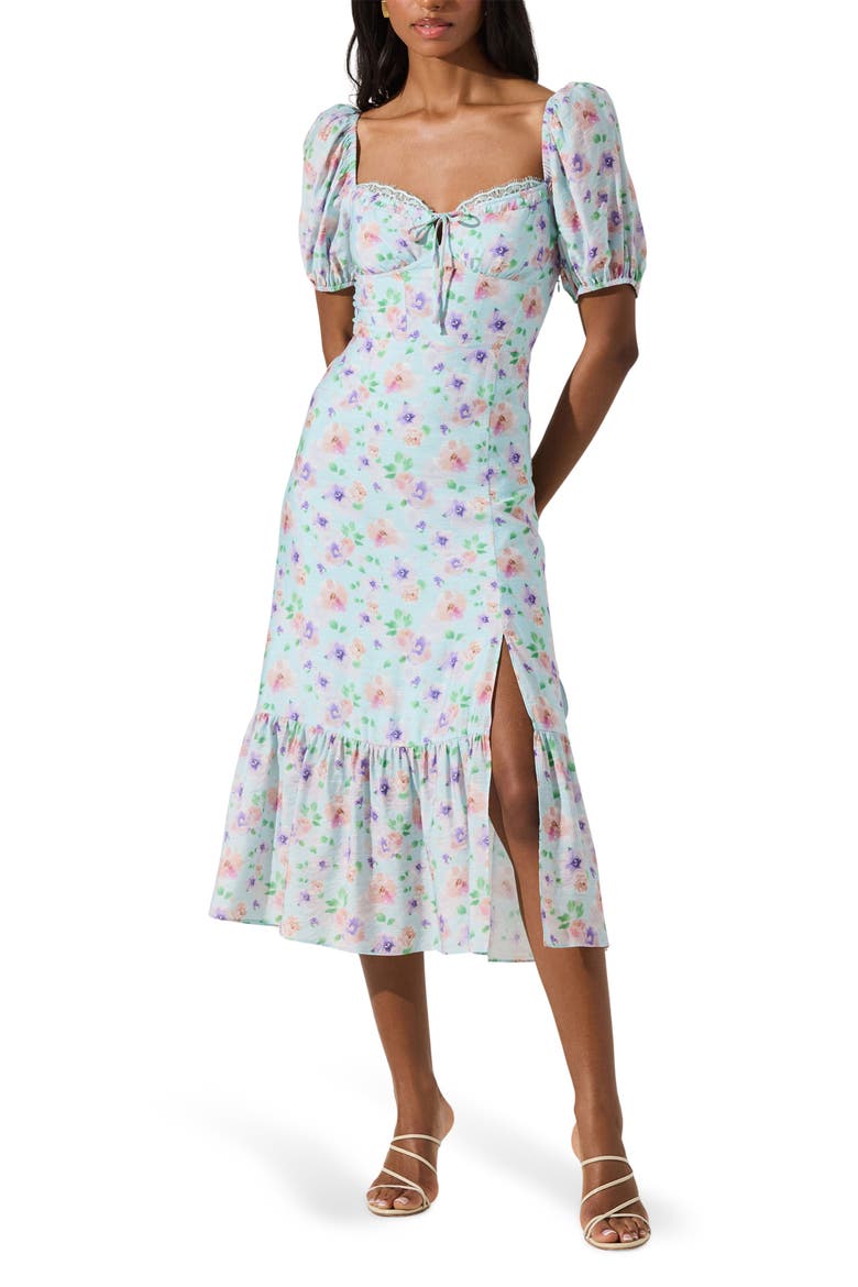 Floral Eyelash Lace Detail Midi Dress, Main, color, BLUE PURPLE FLORAL