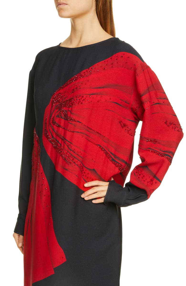 Dries Van Noten Duzco Drape Print Crystal Embellished Long Sleeve Shift Dress, Alternate, color, 