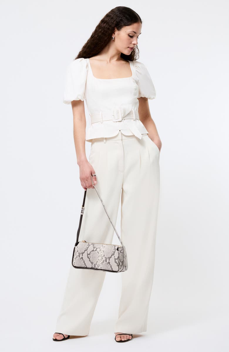 French Connection Belted Puff Sleeve Sateen Top, Alternate, color, Porcelain Cream