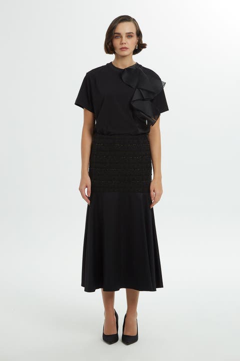 Upper Sequin Side Zipper Black Midi Skirt