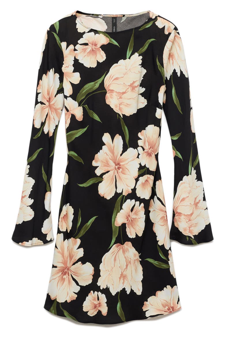 Floral Long Sleeve Minidress, Alternate, color, BLACK