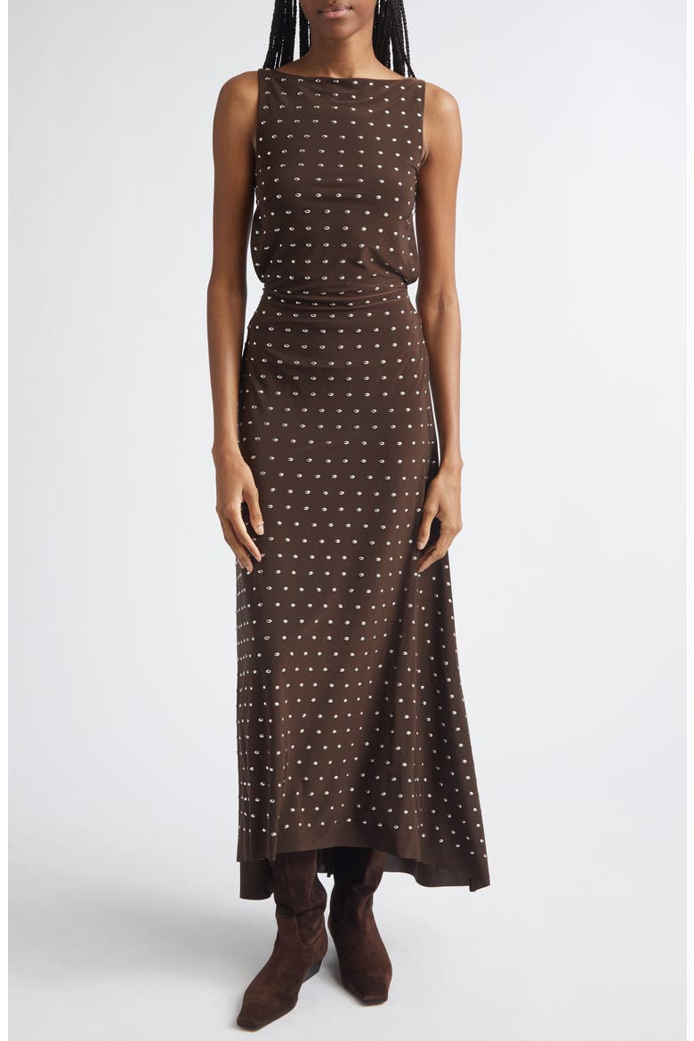 Grace Studded Open Back Jersey Dress, Main, color, BROWN