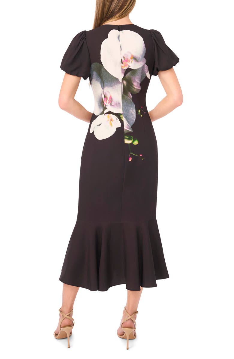 Ted Baker Placed Floral Puff Sleeve Midi Dress, Alternate, color, Rich Black