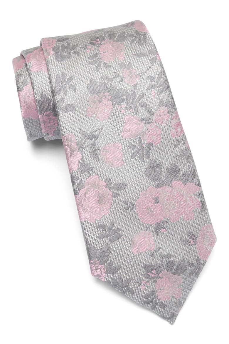 Cassis Floral Satin Tie, Main, color, SILVER