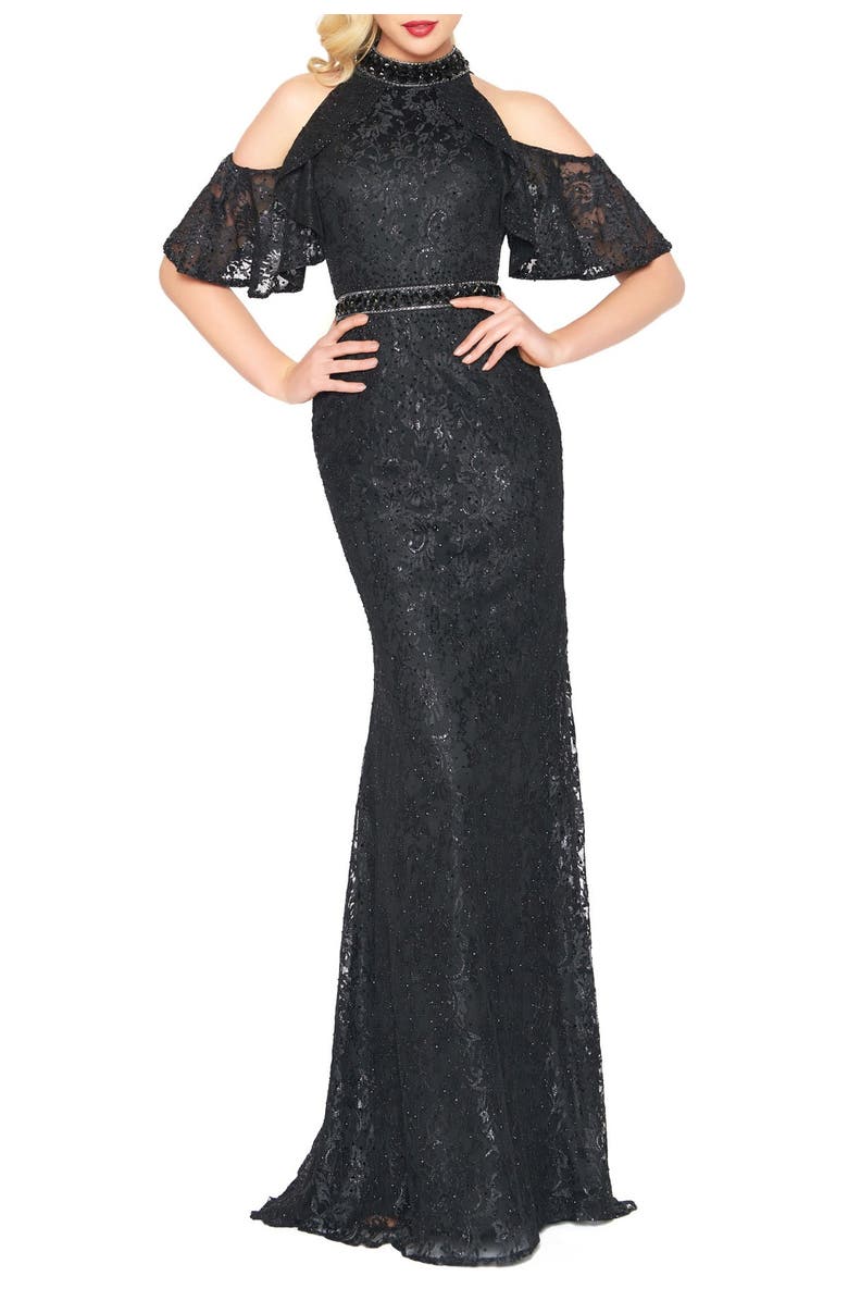 Mac Duggal Cold Shoulder Lace Trumpet Gown, Main, color, 