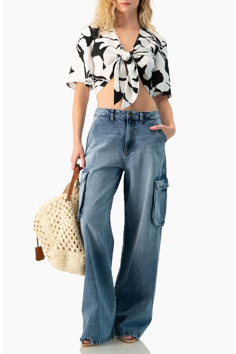 Bold Floral Print Tie-Front Wide-Sleeve Crop Top, Alternate, color, Black