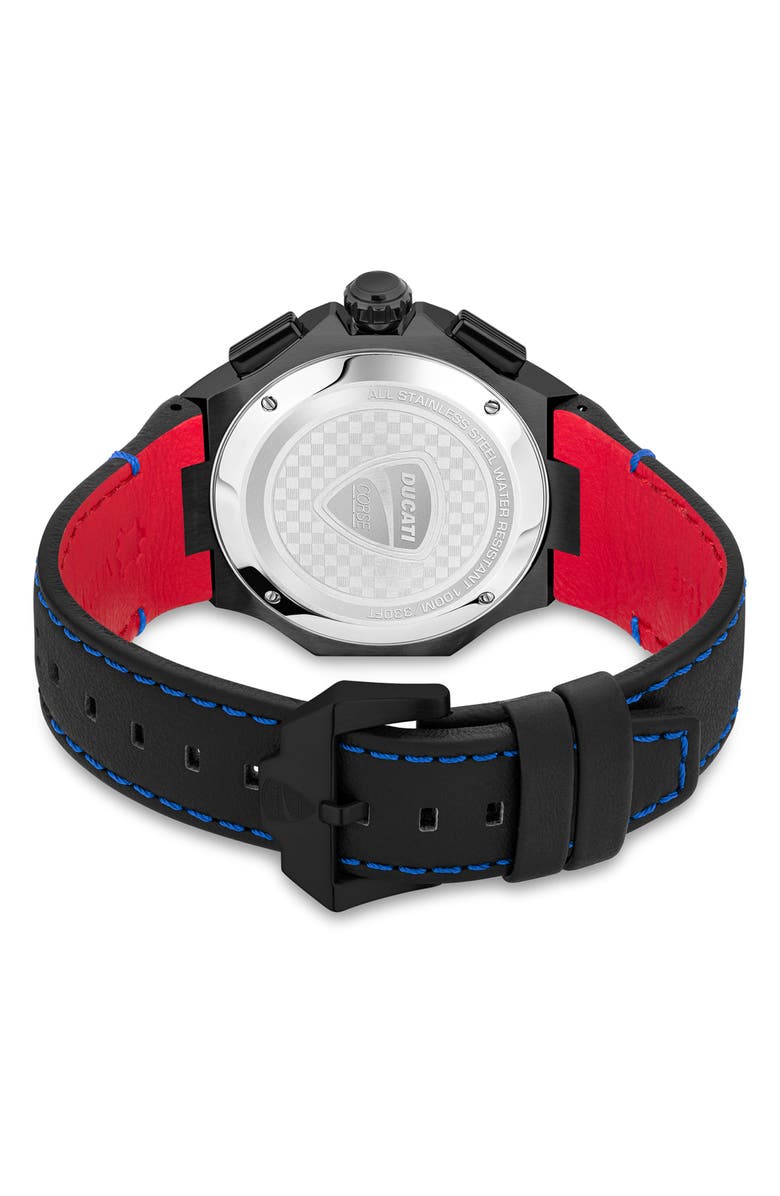 Ducati Corse Motore Tachymeter Quartz Leather Strap Watch, 49mm, Alternate, color, Black