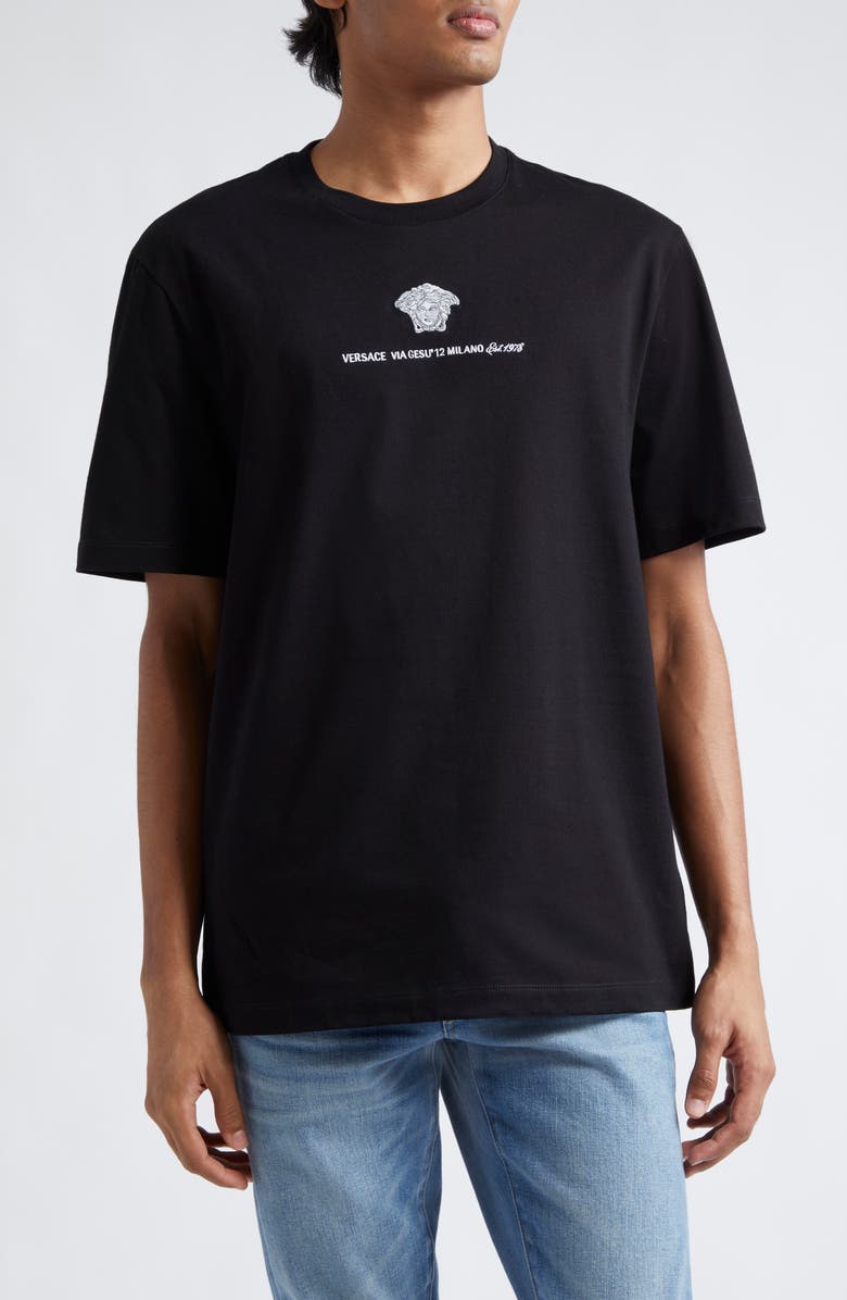 Versace Medusa Embroidered Cotton T-Shirt, Main, color, Black