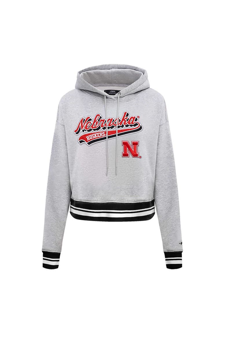 Women's Pro Standard Heather Gray Nebraska Huskers Script Tail Fleece Cropped Pullover Hoodie, Alternate, color, Heather Gray