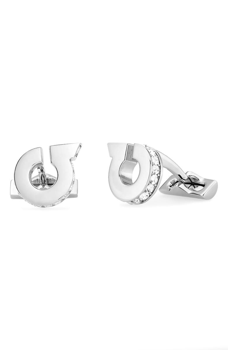 FERRAGAMO Crystal Embellished Gancio Cuff Links, Main, color, 