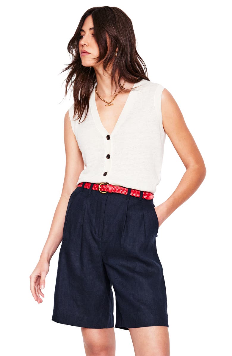 Boden Relaxed Pleated Linen Blend Shorts, Alternate, color, Navy