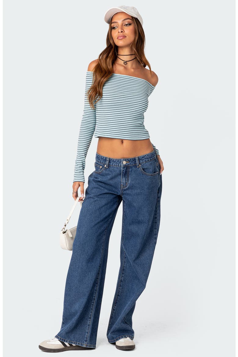 Stripe Off the Shoulder Cotton Crop Rib Top, Alternate, color, MIX