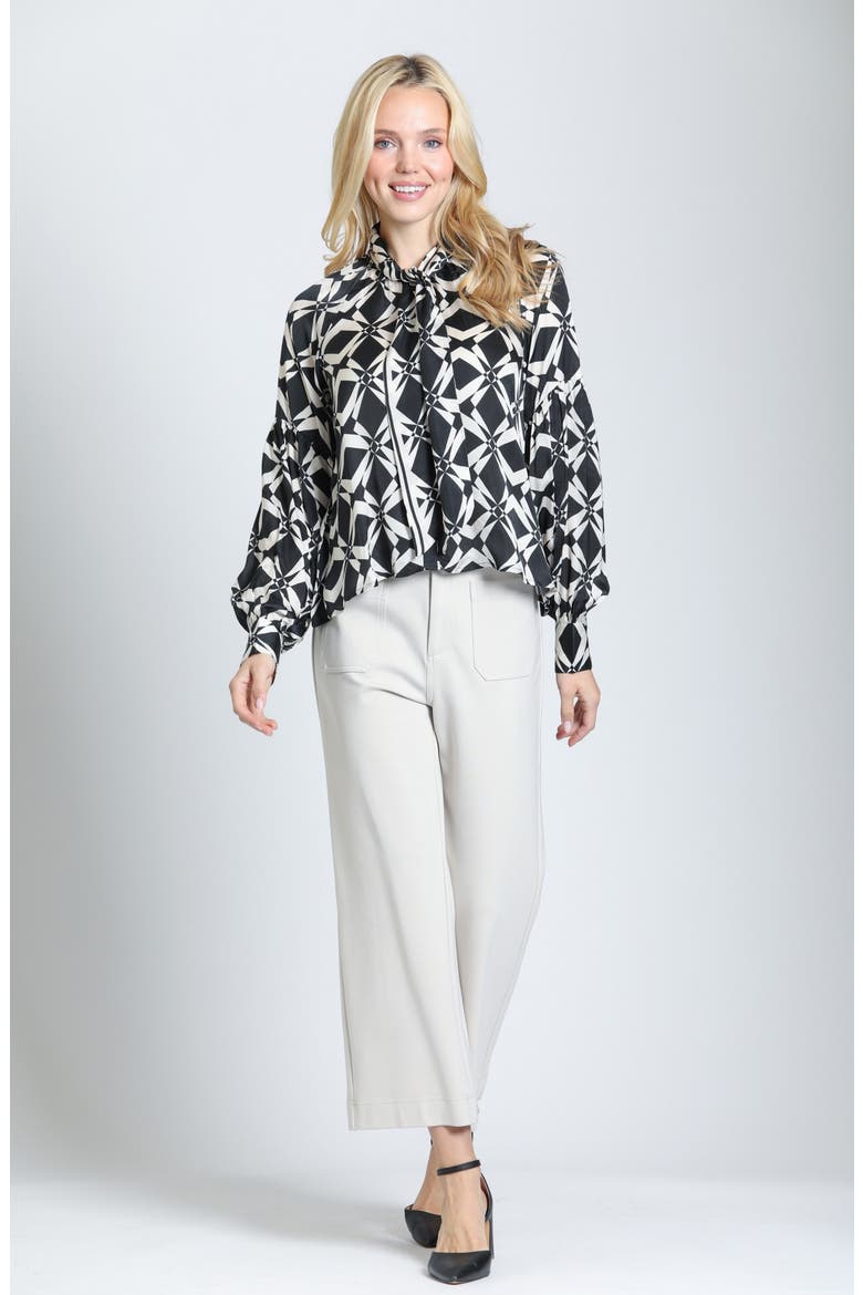 Tie Neck Balloon Sleeve Top, Alternate, color, MIDNIGHT/IVORY