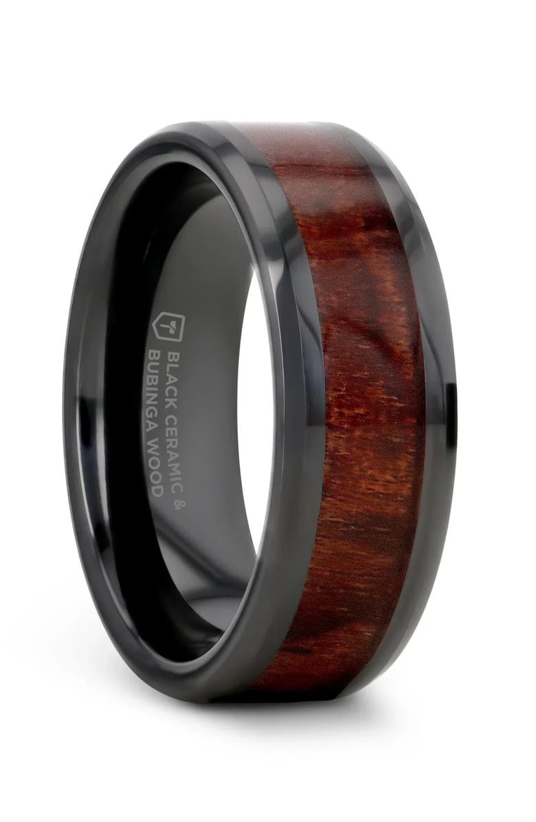 Larson Jewelers Benny Ceramic Beveled Wedding Band, Main, color, Black / Bubinga Wood