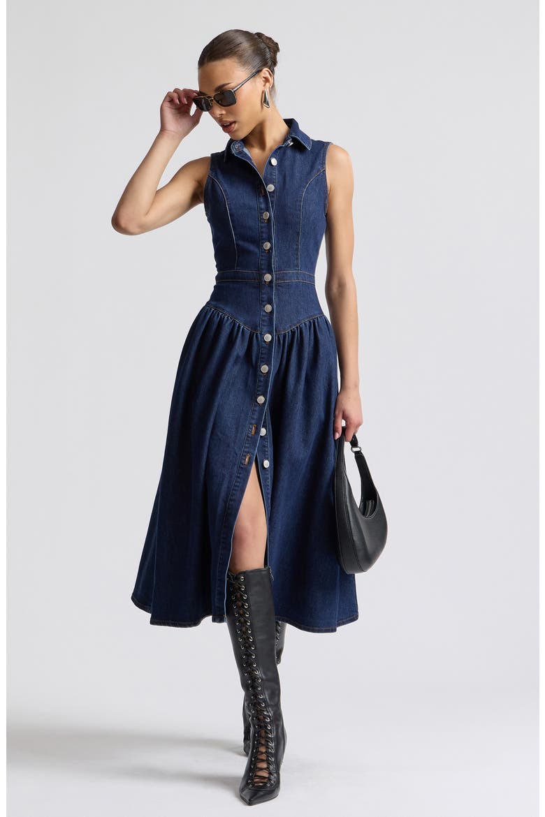 Sleeveless Denim Midi Dress, Alternate, color, ROYAL RINSE