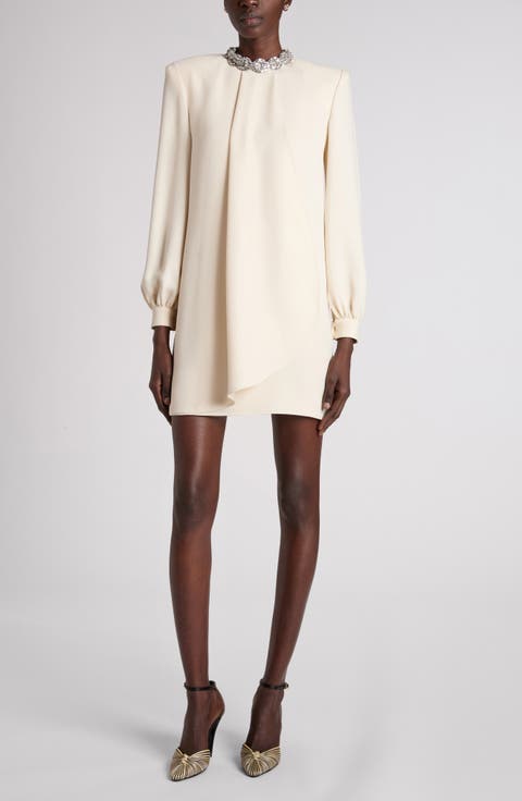 Rhinestone Embellished Long Sleeve Silk Cady Minidress