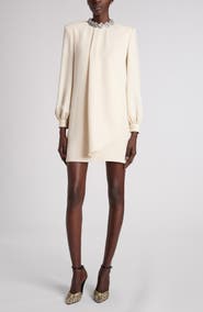 Valentino Garavani Rhinestone Embellished Long Sleeve Silk Cady Minidress