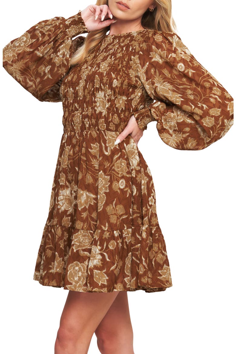 Floral Smocked Long Sleeve Minidress, Alternate, color, BROWN