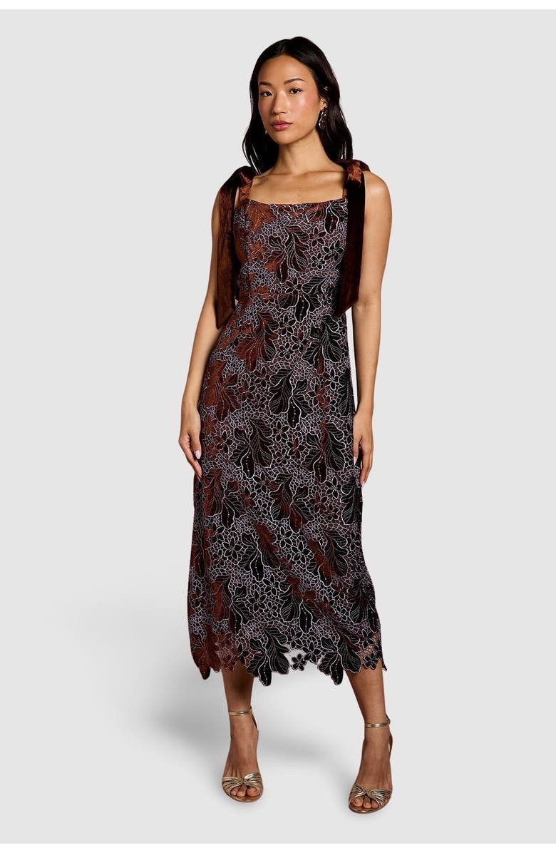 Coast Velvet Lace Tie Shoulder Midi Dress, Main, color, Toffee