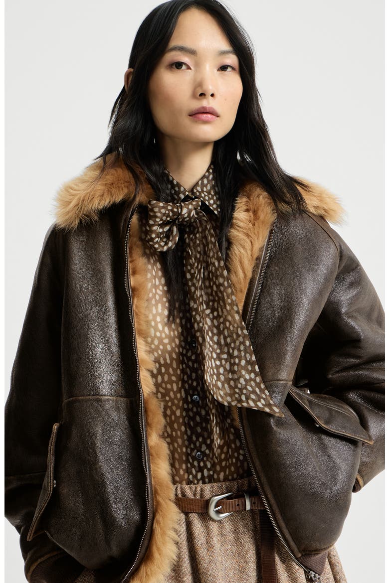Vintage-effect shearling bomber jacket with shiny zipper pull, Alternate, color, Hazelnut