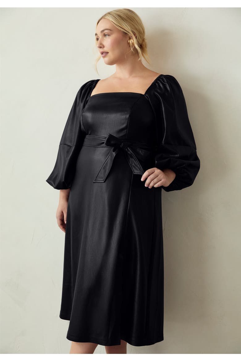 Puff Sleeve Faux Leather Midi Dress, Alternate, color, BLACK ONYX