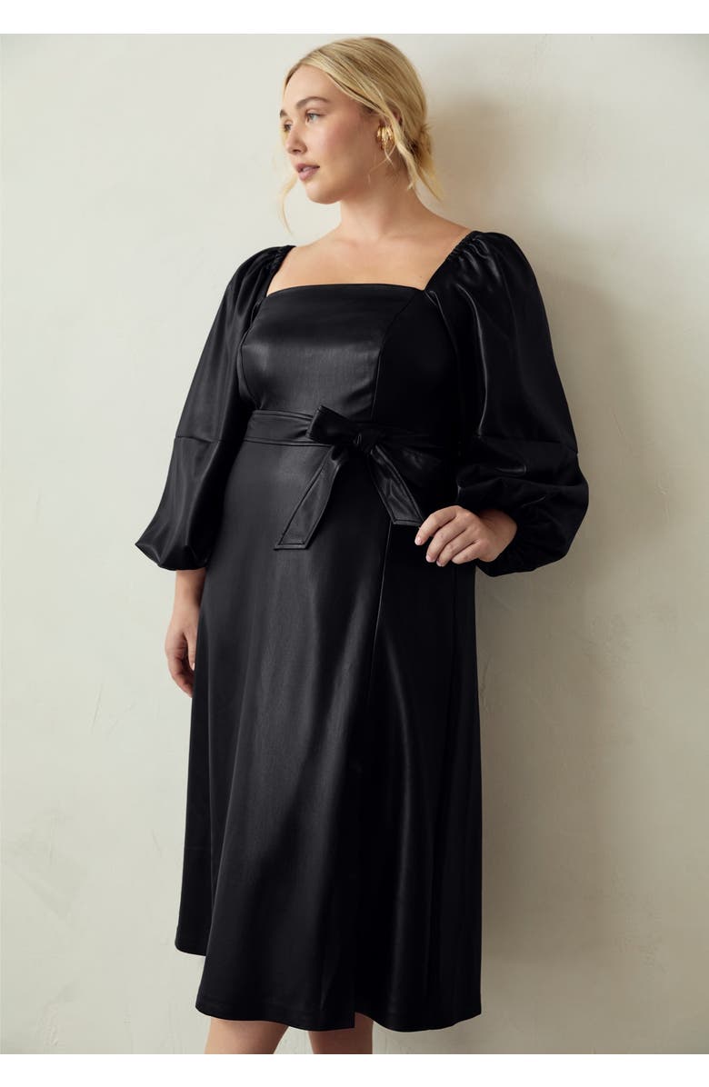 June + Vie Puff Sleeve Faux Leather Midi Dress, Alternate, color, Black Onyx