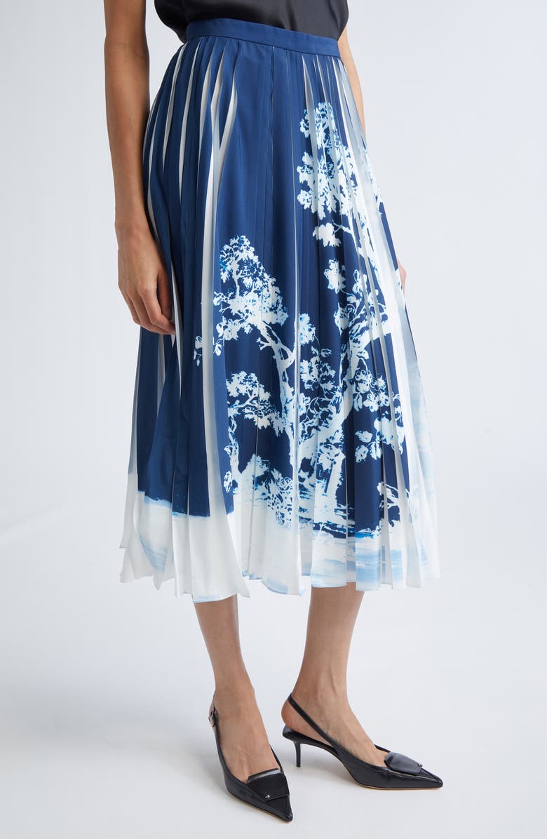Erdem Pleated Crêpe de Chine Midi Skirt, Alternate, color, Cyanotype Etching Navy