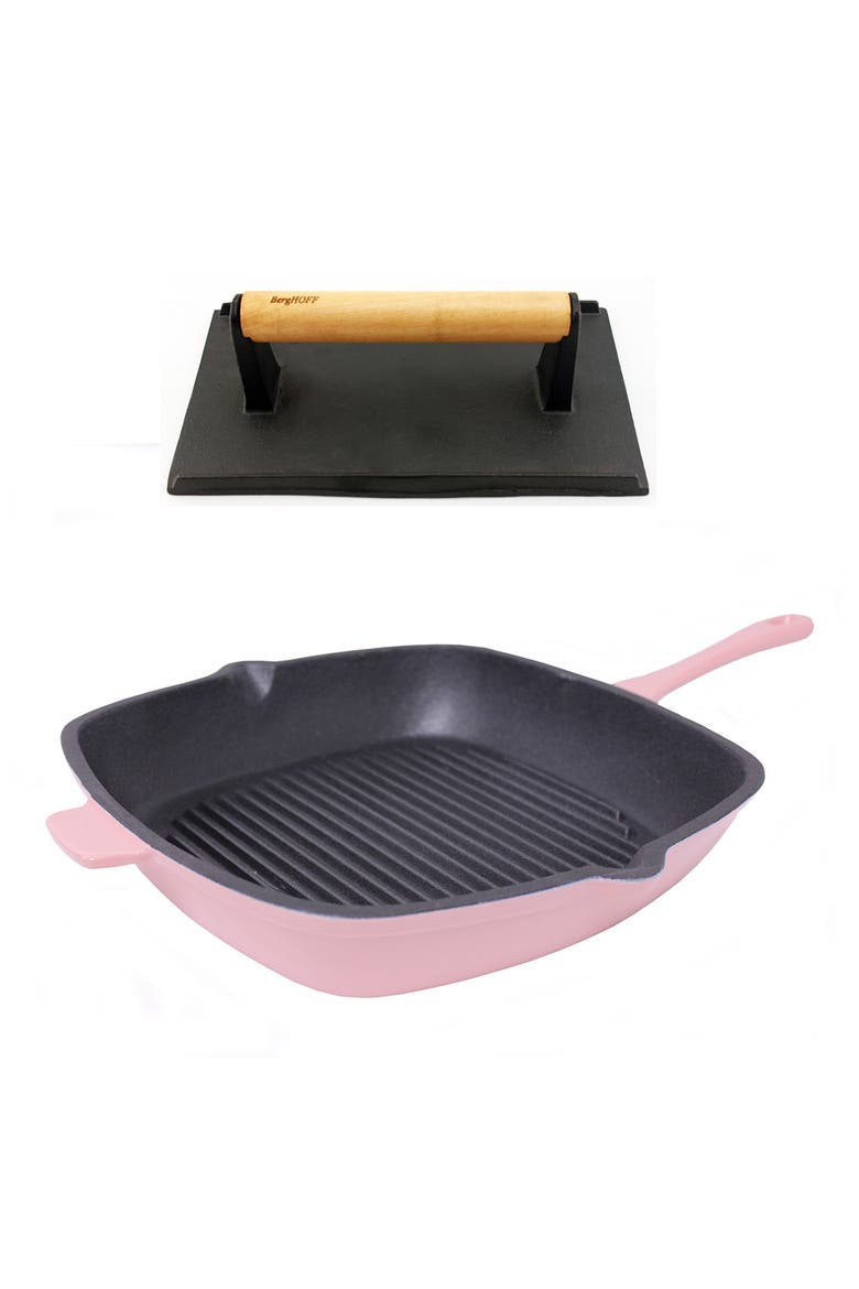 Green Cast Iron 11" Grill Pan & Press 2-Piece Set, Main, color, PINK